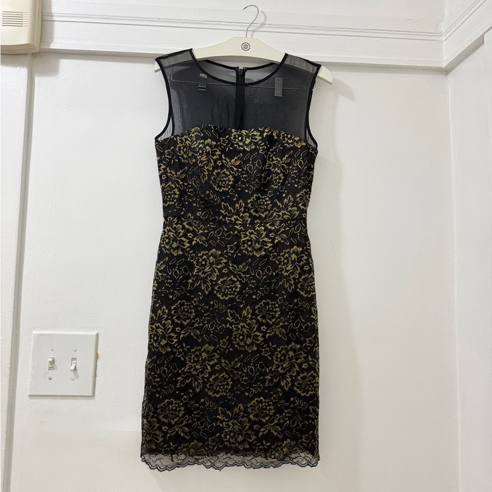 Diane Von Furstenberg Black and Gold Lace Sheath Dress with Mesh Yoke